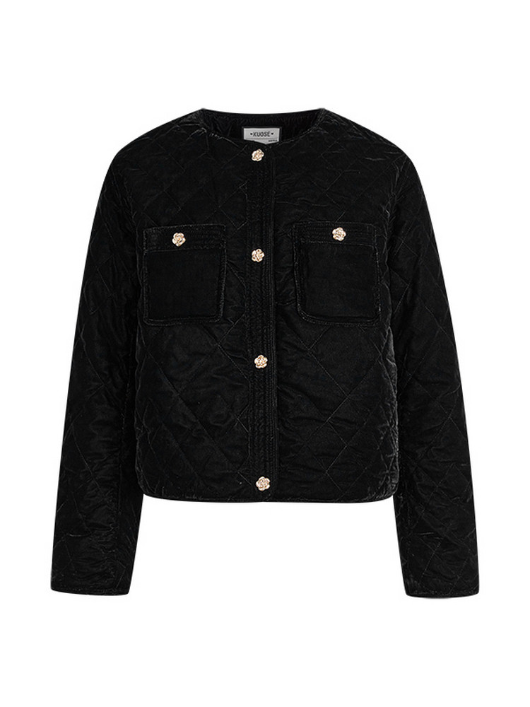 Black quilted jacket with front pockets and gold-tone buttons