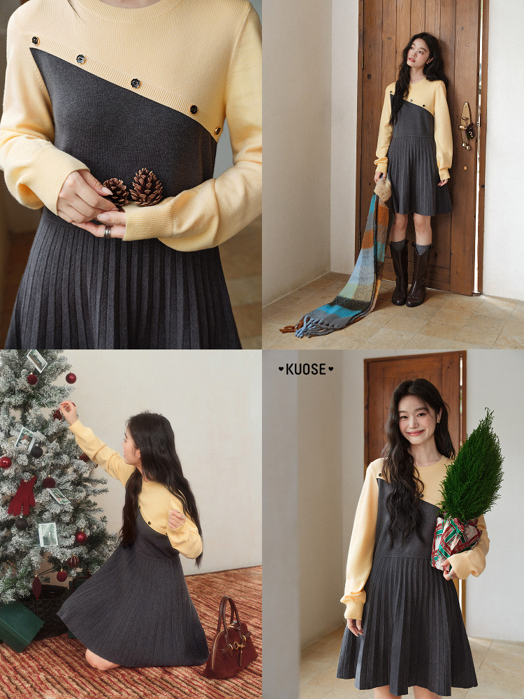 Long-sleeve colorblock pleated dress worn by a model