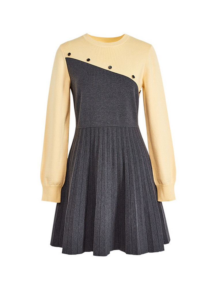 Long-sleeve colorblock pleated knit dress on a white background