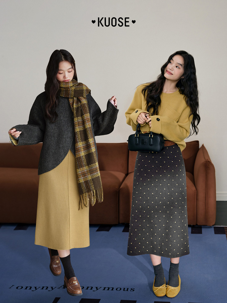 Two women modeling winter knit outfits with scarves and handbags