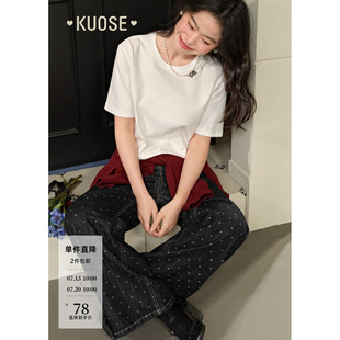 阔色白色玫瑰花刺绣短袖上衣女2025春季新款纯棉宽松正肩T恤秋