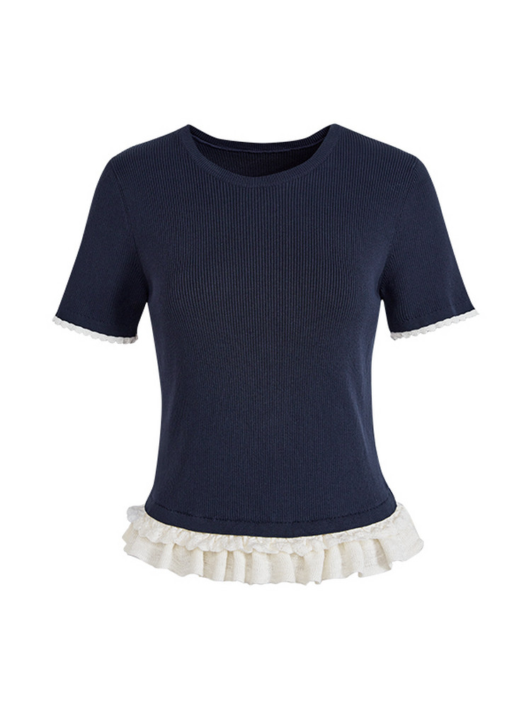 Navy short-sleeve ribbed top with white ruffle trim