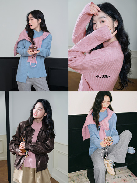 Collage of models wearing pastel knit sweaters and a cardigan