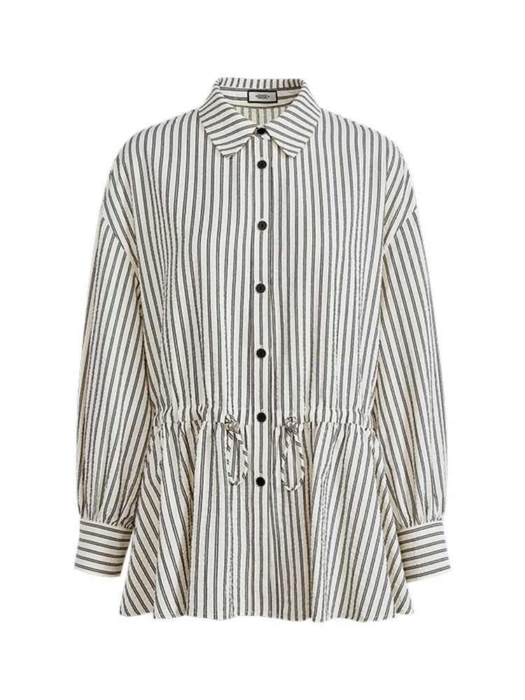 Striped long-sleeve button-up shirt with drawstring waist on white background