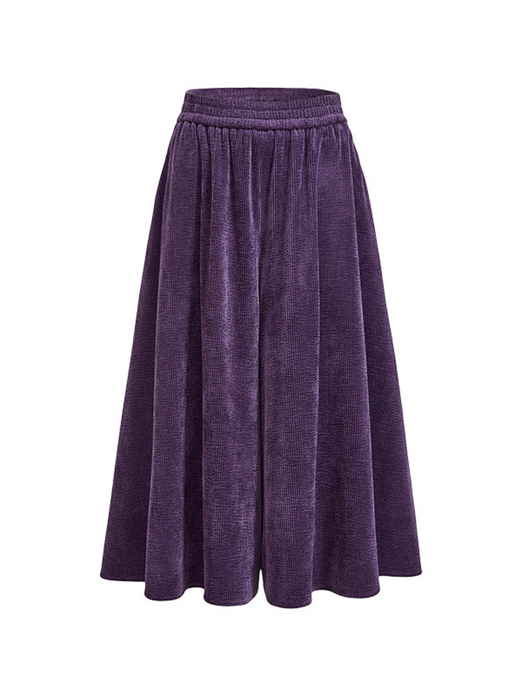 Purple velvet midi skirt laid flat on a white background