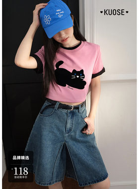 粉色小猫印花正肩短袖t恤女