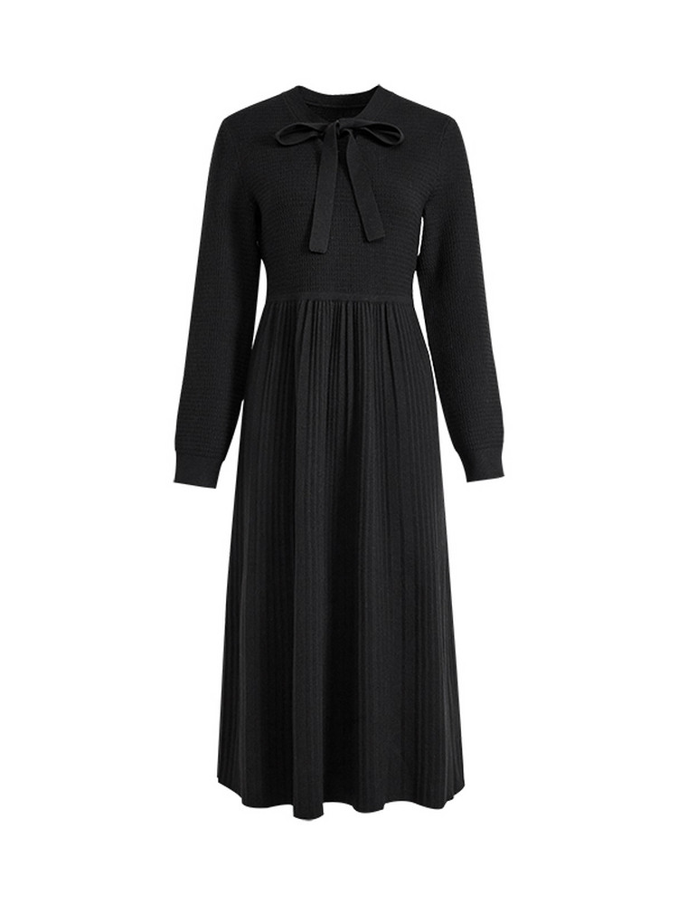 Black long-sleeve midi dress with bow neckline and pleated skirt