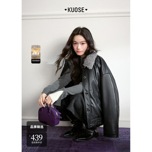阔色黑色翻领皮衣夹克外套短款2025秋冬季穿搭新款女长袖上衣气质