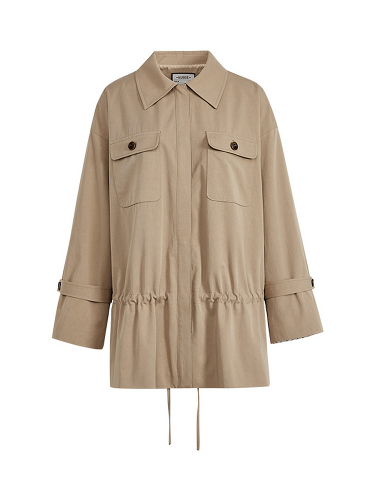 Beige long-sleeve utility jacket with flap pockets and drawstring waist on a white background