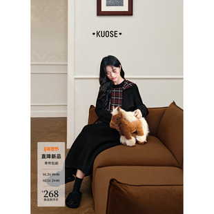 阔色圣诞拼接格纹披肩毛衣裙女2025秋冬季新款黑色针织连衣裙长裙