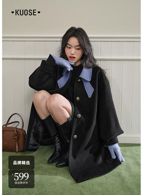 娃娃领黑色毛呢外套短款女装