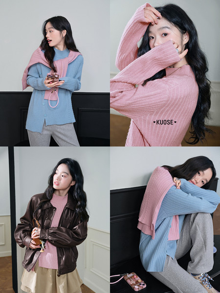 Pink and blue ribbed knit sweater worn by a model