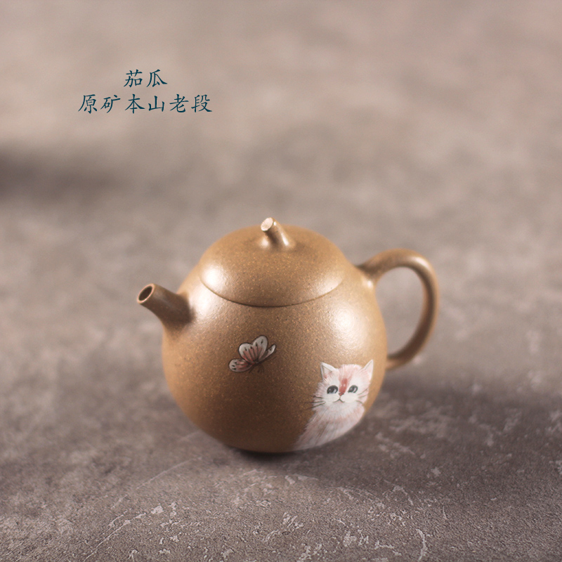宜兴紫砂壶原矿本山段泥手工茶具小品茄瓜120cc内推球孔猫咪茶壶