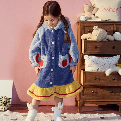 白雪公主儿童睡袍秋冬法兰绒加厚保暖睡衣女童珊瑚绒家居服公主风