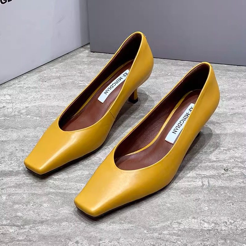 方头浅口中跟高跟鞋女真皮2025年春季新款细跟纯色单鞋欧洲站女鞋