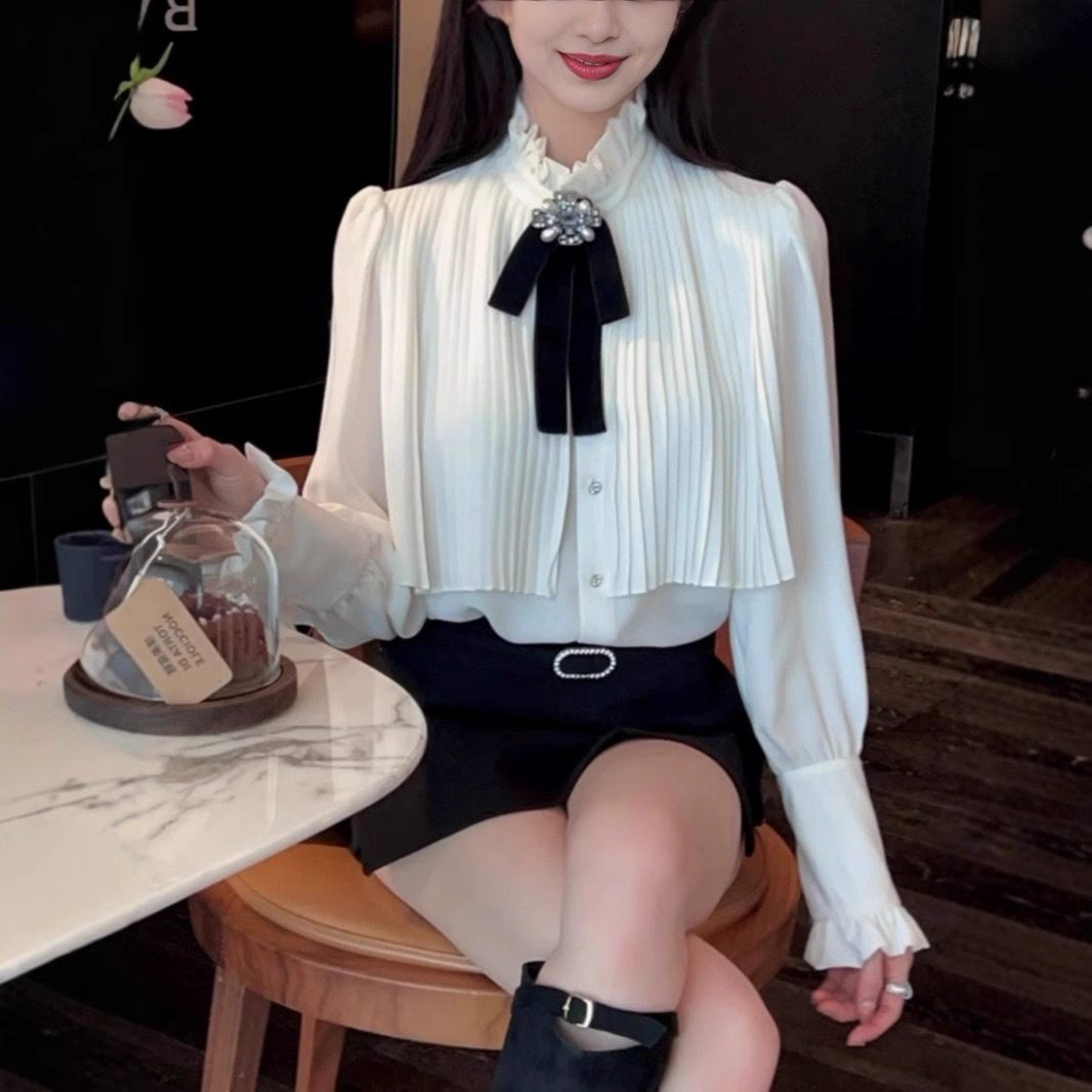 2025秋季压皱立领蝴蝶结泡泡袖衬衫女新款内搭衬衣小香风上衣