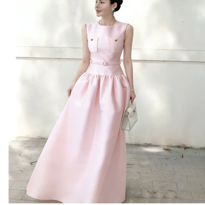 2026早春新款法式小香风粉色无袖收腰长款连衣裙蓬蓬礼服裙