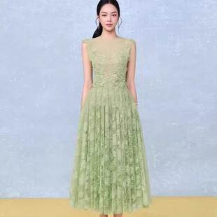 2025年春秋蕾丝花朵刺绣透视绿色背心连衣裙摆长裙礼服
