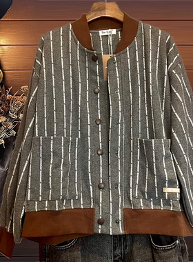 TINY CUTTLE加厚韩版宽松夹克春秋女装棒球服短外套上衣纯棉条纹
