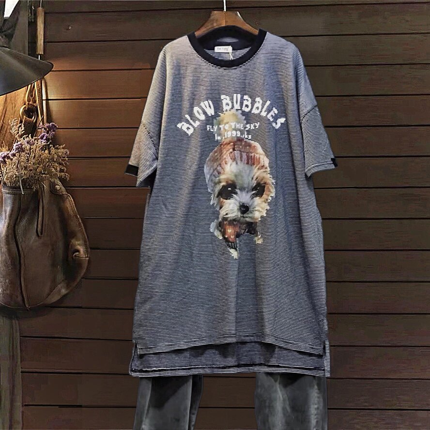 夏季t恤短袖tiny cuttle小鱼仔宽松休闲长款女装纯棉韩单半袖条纹