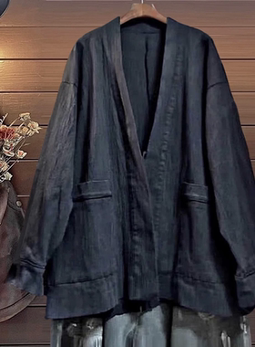 外贸春秋新宽松休闲和服外套女棉麻上衣黑中长款TINY CUTTLE