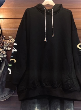 春秋长袖卫衣TINY CUTTLE宽松大码女装纯棉圆领连帽唐老鸭刺绣黑