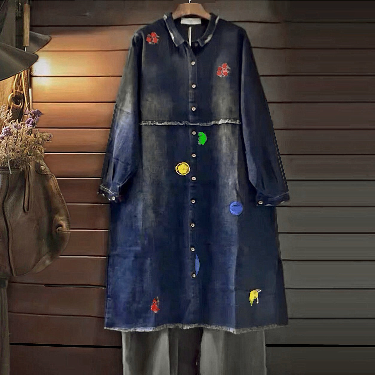 牛仔外套tiny cuttle绣花秋春宽松立领衬衫风衣做旧女棉长款过膝