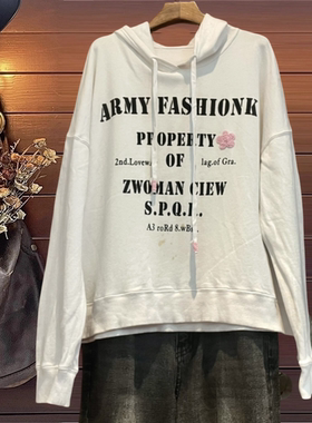 女装春秋长袖T恤上衣卫TINY CUTTLE韩单棉宽松大版连帽外贸白色