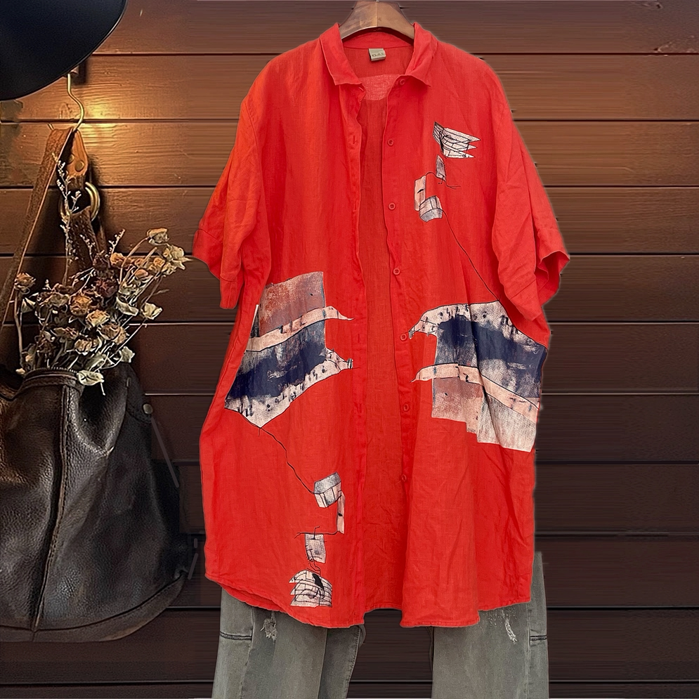 春夏新款短袖立领纯棉衬衫女装韩版宽松大码休闲长款上衣桔红色