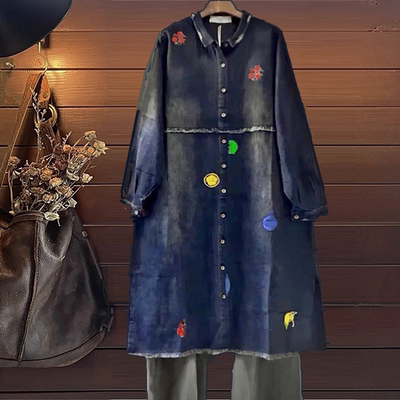 牛仔外套长衫风衣女韩单棉宽松大码女装胖妹妹休闲刺绣磨白做旧