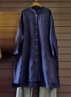 TINY CUTTLE单外贸夏秋春装宽松麻棉立领长袖连衣裙女衬衫裙