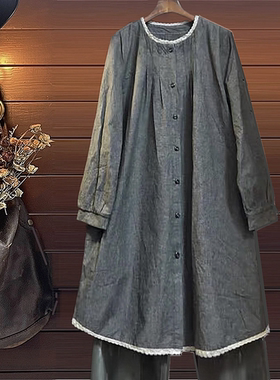 春秋风衣日韩宽松大码女纯棉灰色立领长裙连衣裙过膝TINY CUTTLE