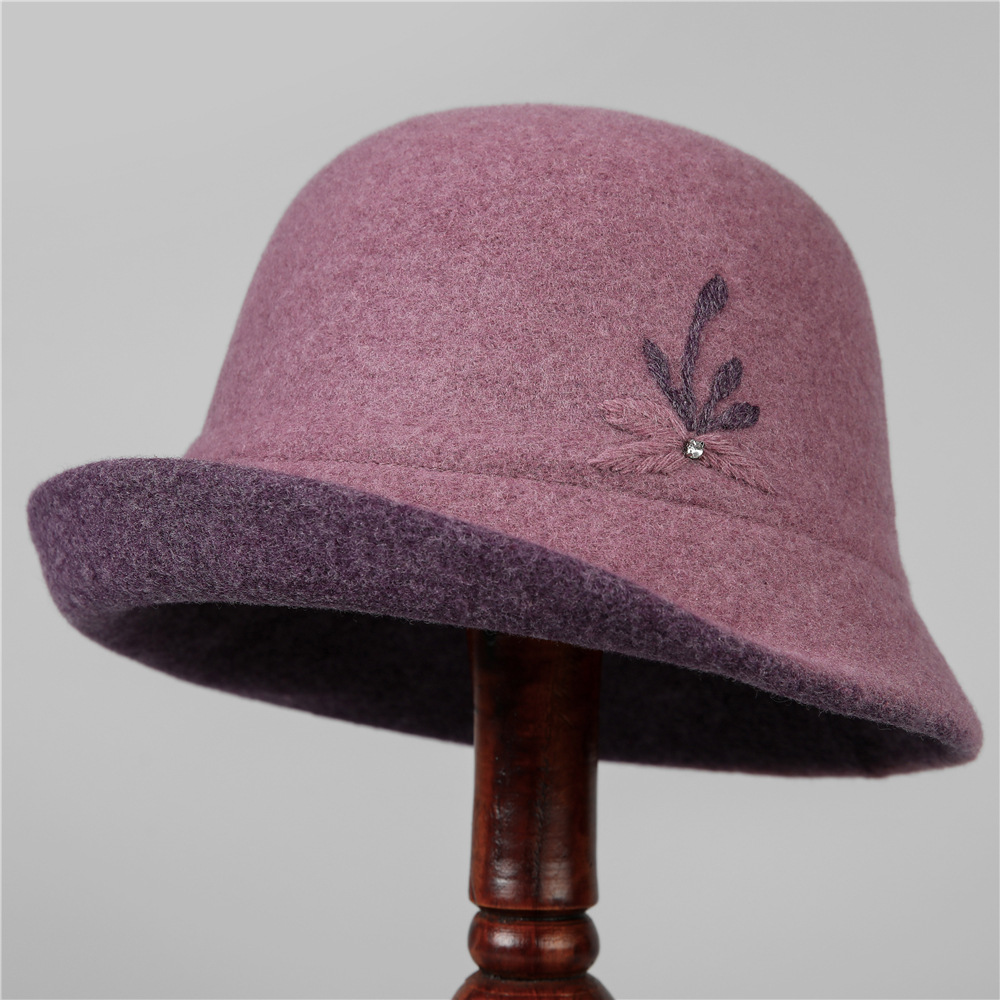 撞色翘边优雅妈妈渔夫帽子女士秋冬季羊毛呢手工刺绣花朵复古盆帽