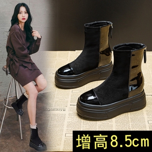 厚底马丁靴女2025年新款 内增高8cm短靴绒面秋冬加绒靴子 网红爆款