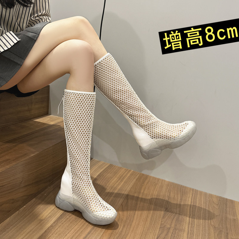 潮流透气镂空凉靴女2026夏季薄款内增高8cm春夏厚底网面长筒网靴