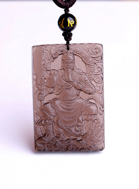 天然冰透黑曜石关公吊坠