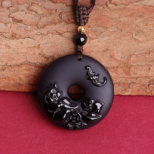 2026年属虎喜柿连猪吊坠黑曜石吉祥物男女生肖虎鹏鲤争辉佩戴挂件