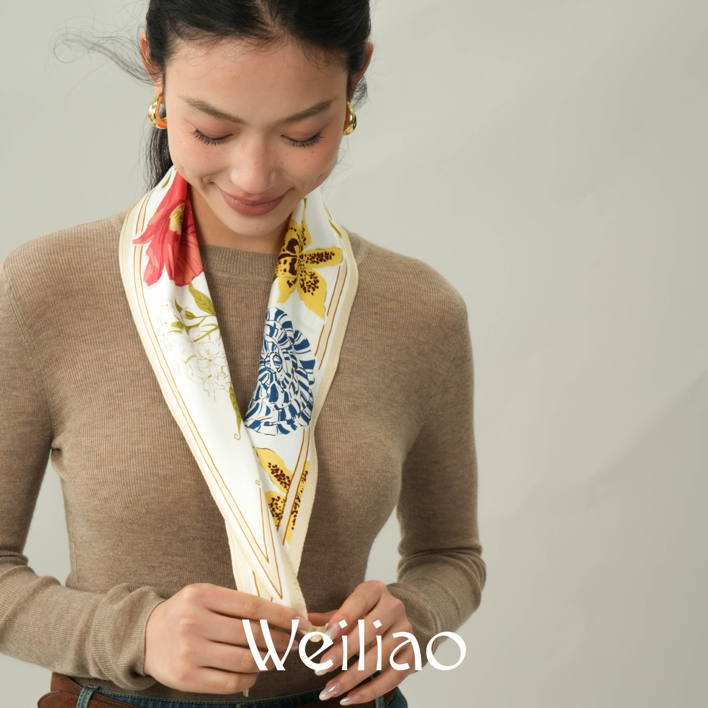 Weiliao新品 原创春日写生簿丝巾真丝菱形巾春夏蓝白米白百搭