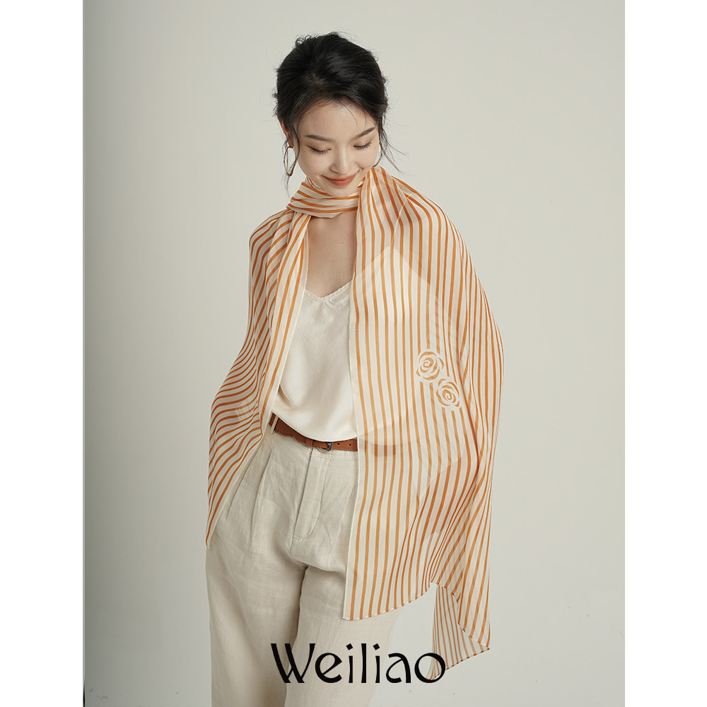 Weiliao 山茶花真丝雪纺条纹大披肩围巾轻薄保暖纱巾出门方便