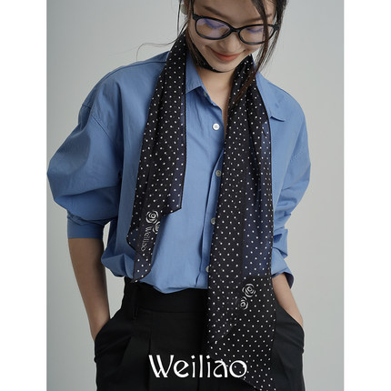 尉了Weiliao 山茶花波点雪纺真丝宽飘带围巾轻薄百搭黑白秋款丝巾