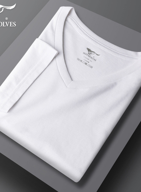 七匹狼短袖t恤男士纯棉V领打底衫100%全棉体恤半袖鸡心领白色汗衫