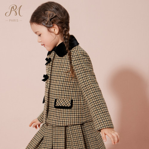 Petite Marguerite小雏菊格纹羊毛短款呢大衣格纹羊毛呢百褶裙