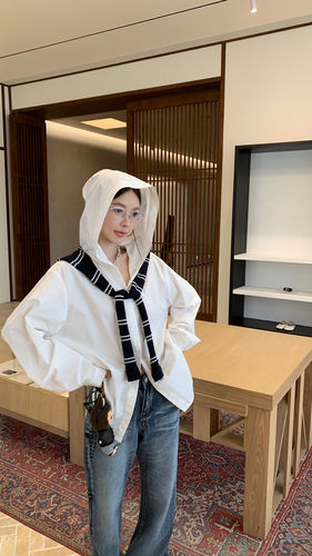 设计款DTU大图女装连帽披肩装饰宽松衬衫(配披肩)  253C063701