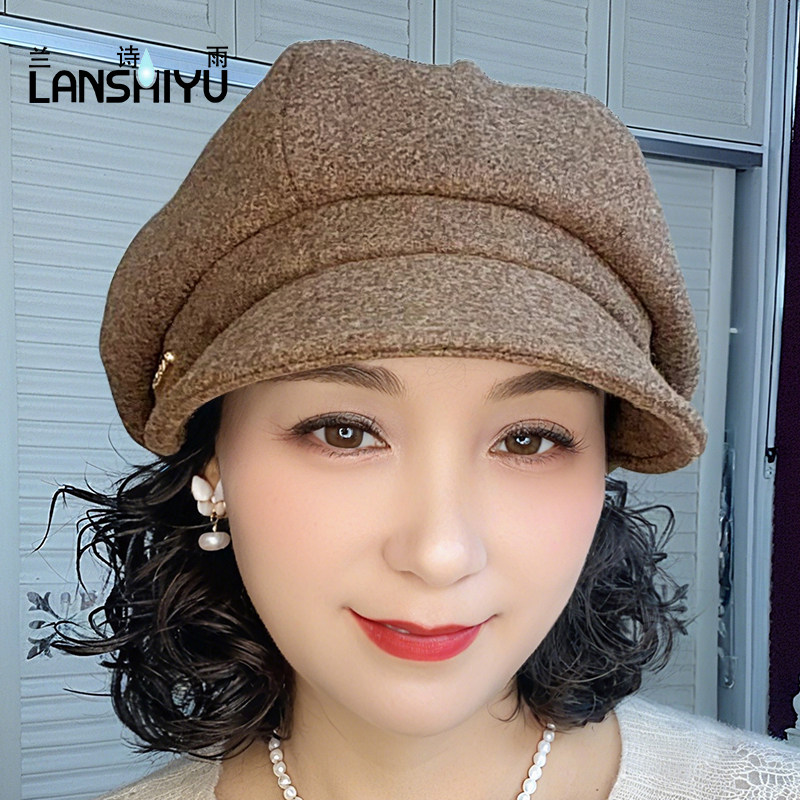 兰诗雨羊毛混纺鸭舌贝雷帽女显脸小小香风英伦毛呢八角画家帽新