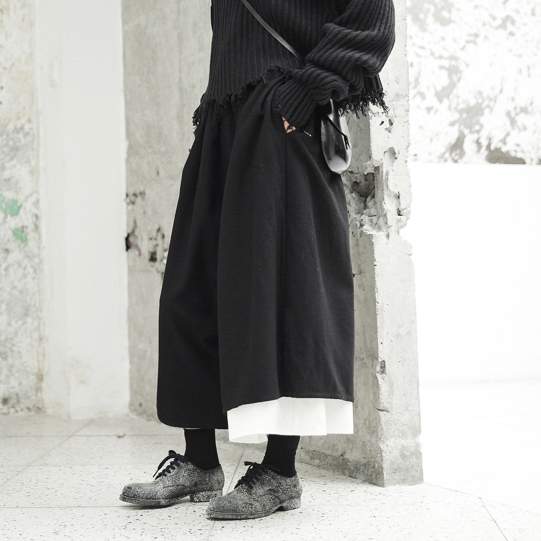 SIMPLE BLACK 暗黑风秋冬白色裤脚拼接宽松抽绳加厚七分阔腿裤