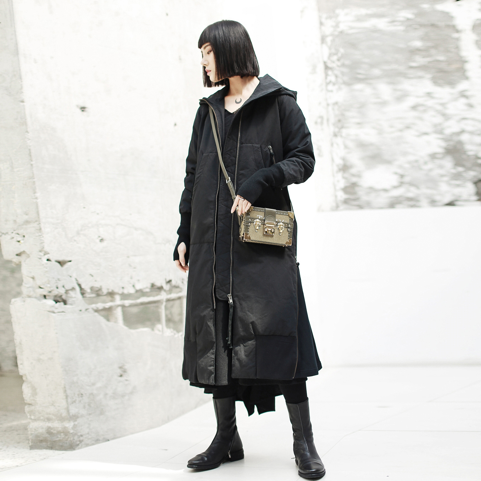 SIMPLE BLACK 暗黑风开衩手套袖修身中长款加厚过膝棉衣棉服外套