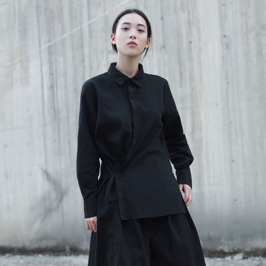 SIMPLE BLACK 暗黑风两种穿法不规则棉麻休闲复古情侣长袖衬衫