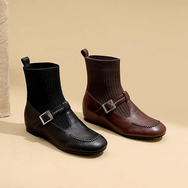 2025秋冬新款复古圆头拼接毛线筒显瘦弹力袜靴内增高真皮短靴子女,女鞋,弹力靴/袜靴,淘宝优惠券,粉丝福利购,淘宝优惠卷