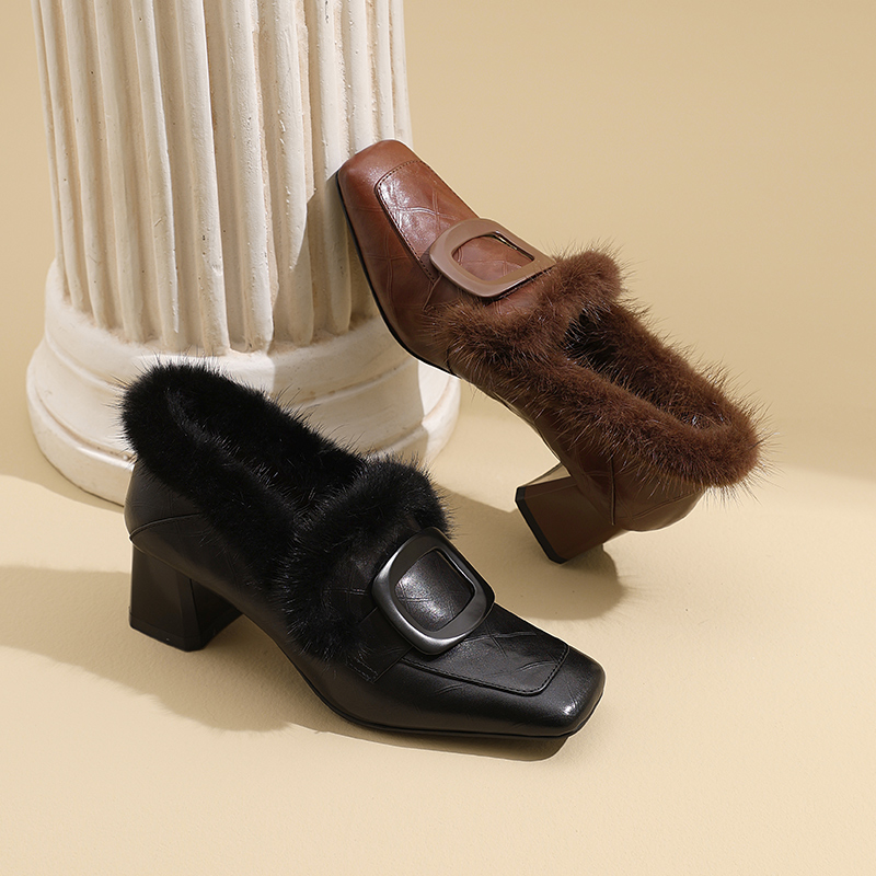 方头粗跟小皮鞋水貂毛深口单鞋女