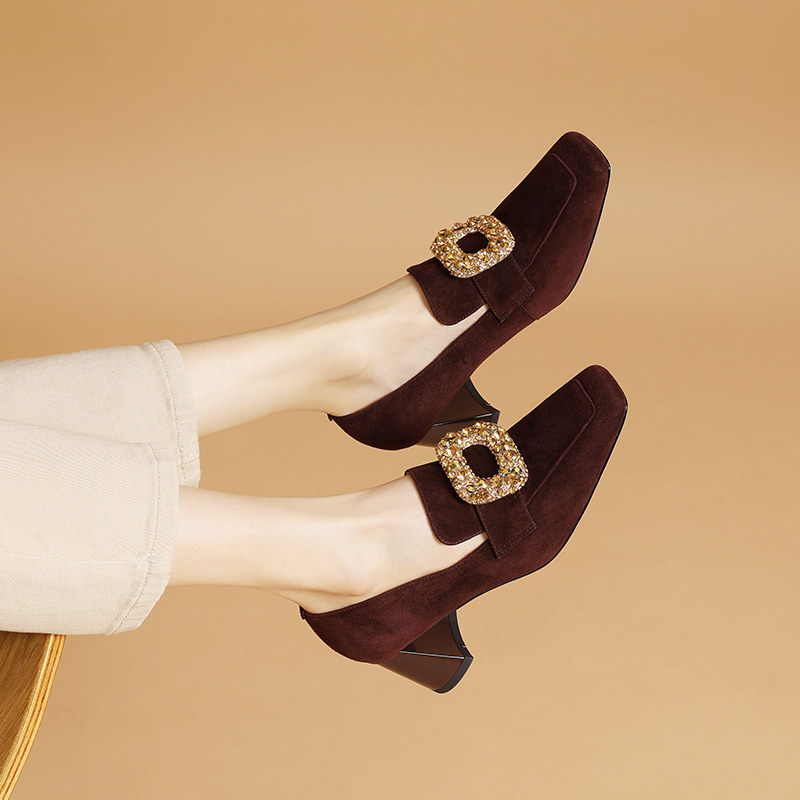 2025春季新款方头乐福鞋女复古棕色磨砂真皮女鞋水钻方扣粗跟单鞋,女鞋,乐福鞋（豆豆鞋）,淘宝优惠券,粉丝福利购,淘宝优惠卷